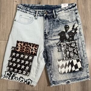 Rue 21 Premium Denim Mens Jean Shorts Patchwork Supreme Flex Graffiti Size 30